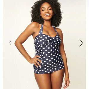 Unique Vintage Navy & White Polka Dot Corinne Halter Sheath Swimsuit,Medium, NWT